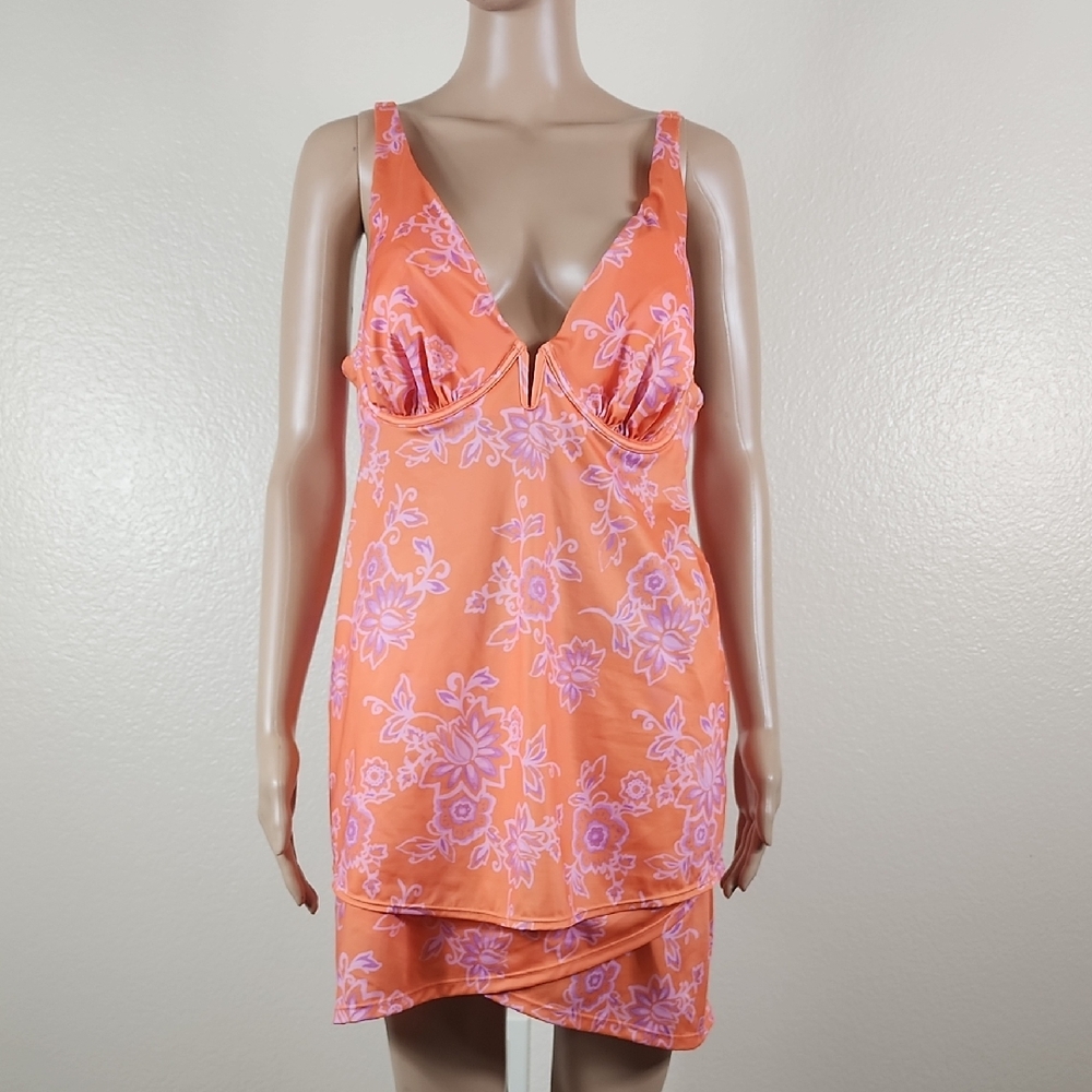 Cacique Orange & Purple Floral Tankini & Swim Skirt Swim Suit